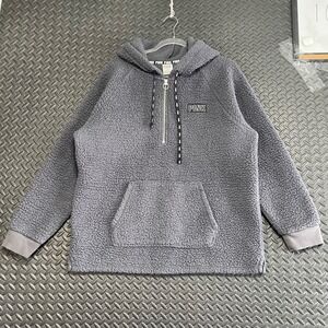 PINK Victoria Secret Fluffy Gray Half Zip Fleece‎ Hoodie Sweater Women's L